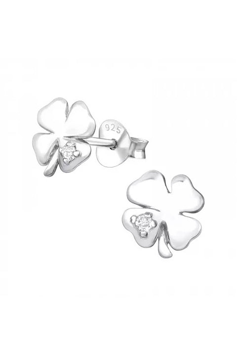 Sterling Silver Lucky Clover Ear Studs With CZ - SS