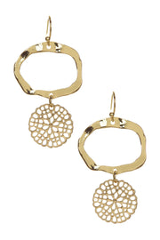 Irregular Oval & Filigree Daisy Disc Drop Earrings - GF