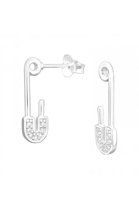 Sterling Silver Pin Half Hoop Ear Studs With CZ - SS