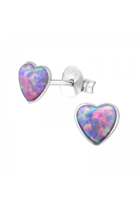 Sterling Silver Heart Ear Studs With Opal - SS