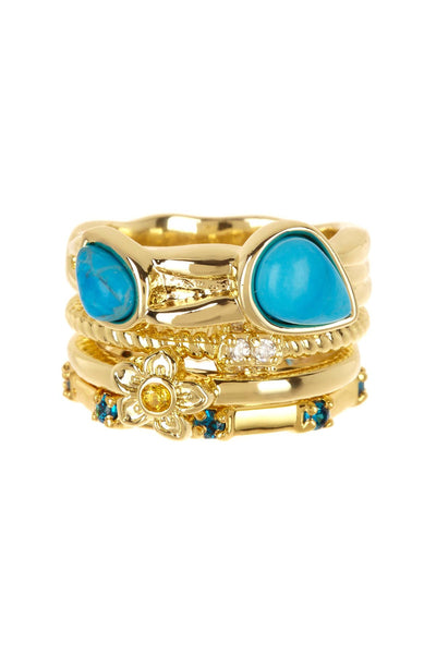 Turquoise & CZ Flower Stack Ring Set - GF