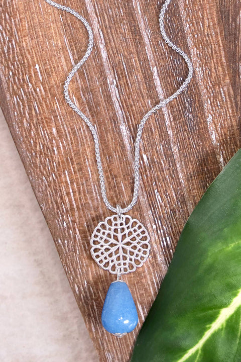 Aquamarine & Daisy Disc Pendant Necklace - SF