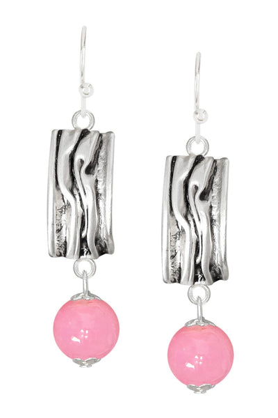 Pink Murano Glass & Textured Rectangle Drop Earrings - SF