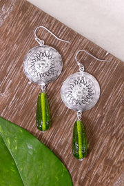 Peridot Murano Glass & Floral Hammered Disc Earrings - SF