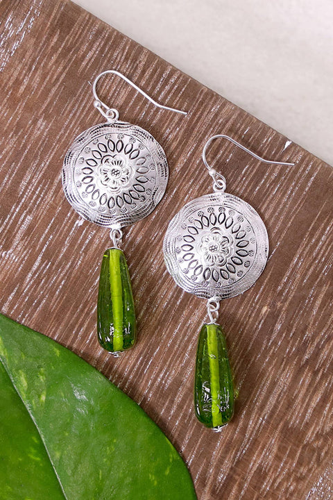 Peridot Murano Glass & Floral Hammered Disc Earrings - SF