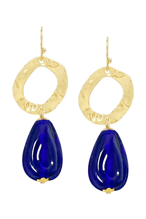 Blue Murano Glass & Hammered Hoop Drop Earrings - GF