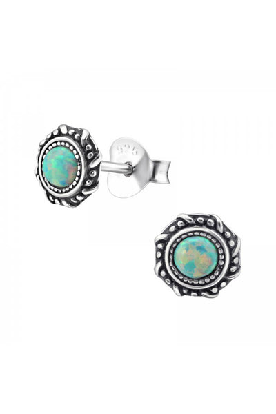 Sterling Silver Round Ear Studs With Opal - SS