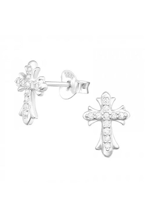 Sterling Silver Cross Ear Studs With Cubic Zirconia - SS