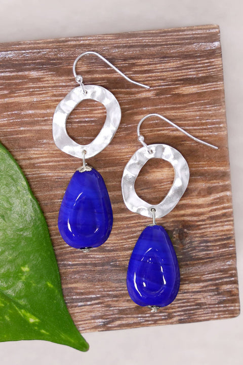 Blue Murano Glass & Hammered Hoop Drop Earrings - SF