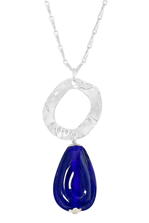 Blue Murano Glass & Hammered Hoop Pendant Necklace - SF