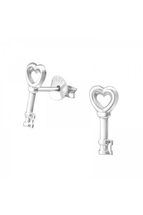 Sterling Silver Key Heart Ear Studs - SS