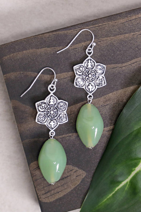 Green Murano Glass & Coexist Lotus Drop Earrings - SF