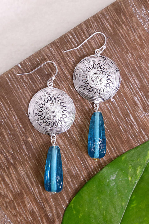 Blue Murano Glass & Floral Hammered Disc Drop Earrings - SF