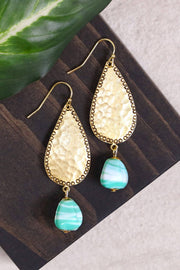 Green Murano Glass & Hammered Teardrop Earrings - GF