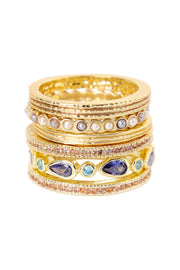 6Pcs Blue CZ & Faux Pearl Stack Ring Set - GF