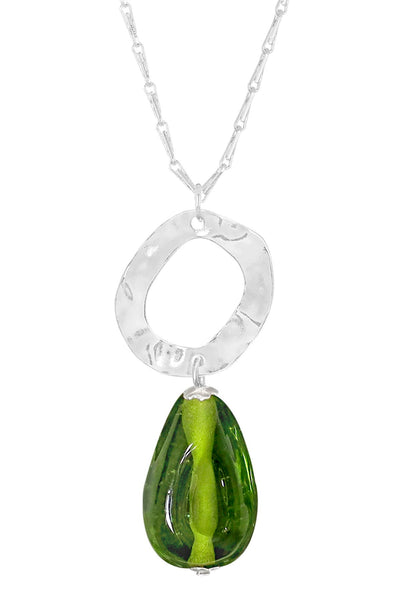 Peridot Murano Glass & Hammered Hoop Pendant Necklace - SF