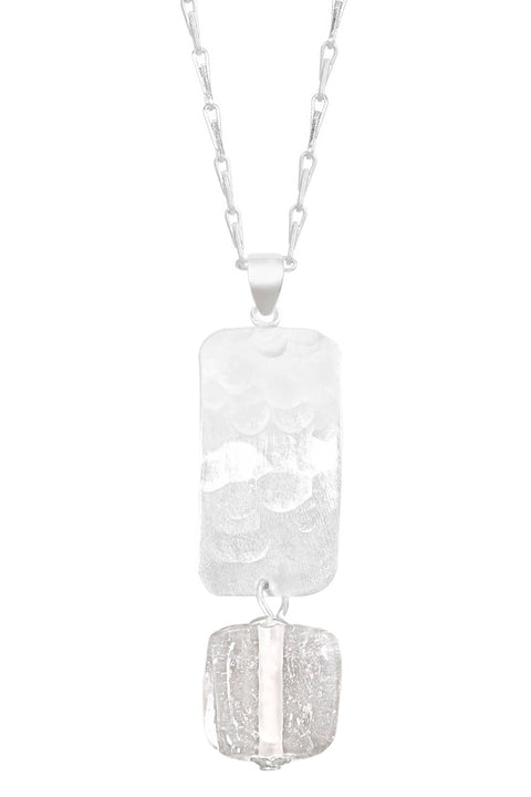 Clear Murano Glass & Hammered Rectangle Necklace - SF