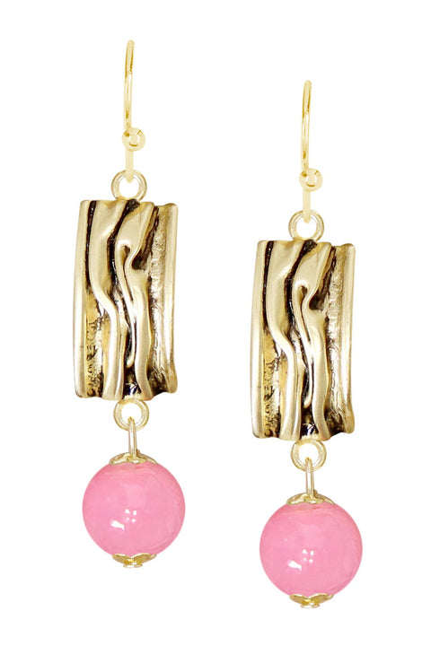 Pink Murano Glass & Textured Rectangle Drop Earrings - GF