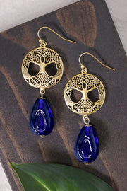 Blue Murano Glass & Tree Of Life Drop Earrings - GF