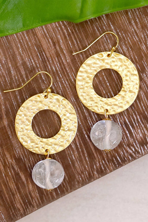 Clear Murano Glass & Hammered Circle Drop Earrings - GF