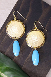 Blue Murano Glass & Hammered Coin Drop Earrings - GF