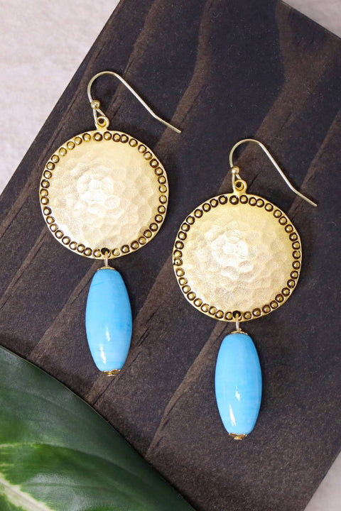 Blue Murano Glass & Hammered Coin Drop Earrings - GF