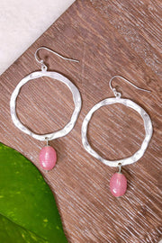 Pink Murano Glass & Hammered Hoop Drop Earrings - SF