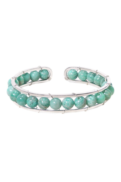 Amazonite Beaded Cuff Bracelet In Silver - SF