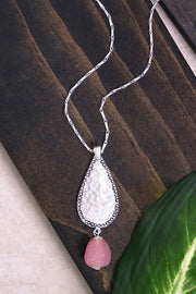 Pink Murano Glass & Hammered Teardrop Pendant Necklace - SF