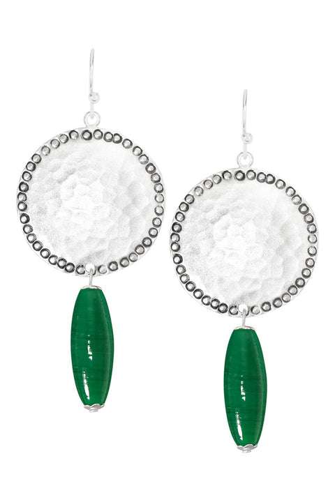 Green Murano Glass & Hammered Coin Drop Earrings - SF