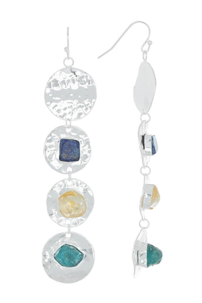 Silver & Semi Precious Hammered Disc Drop Earrings - SF