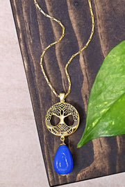 Blue Murano Glass & Tree Of Life Pendant Necklace - GF