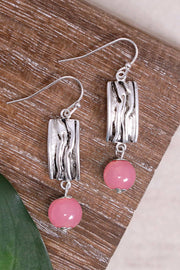 Pink Murano Glass & Textured Rectangle Drop Earrings - SF