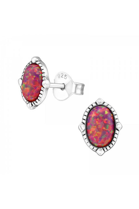 Sterling Silver Oval Ear Studs With Opal - SS