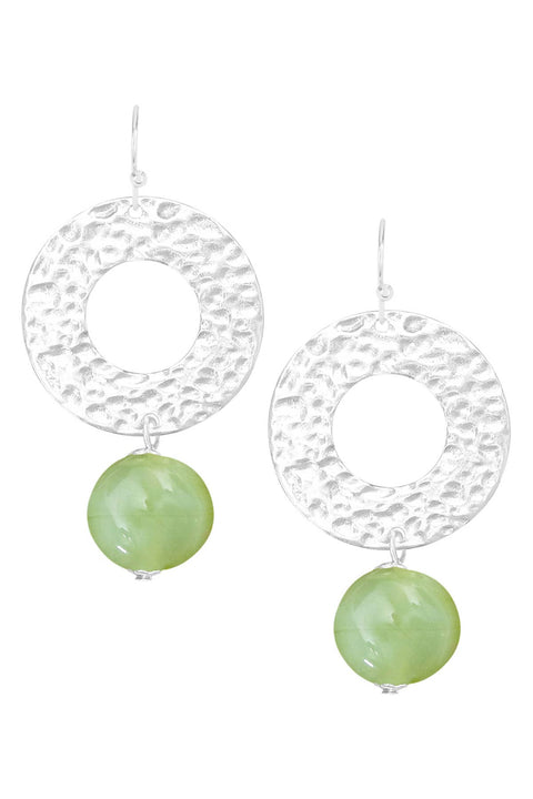 Green Murano Glass & Hammered Circle Drop Earrings - SF