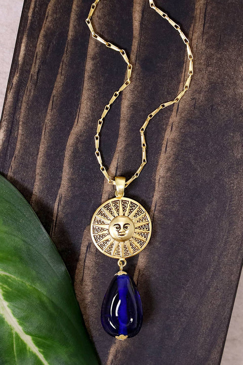 Blue Murano Glass & Aztec Sun Pendant Necklace - GF