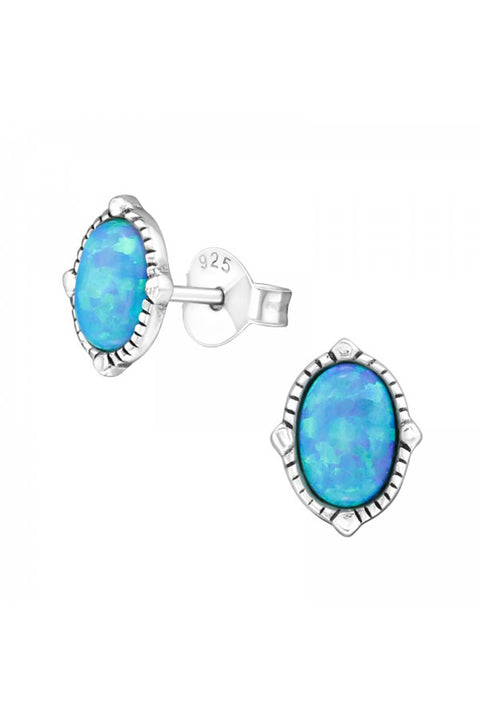 Sterling Silver Oval Ear Studs With Opal - SS