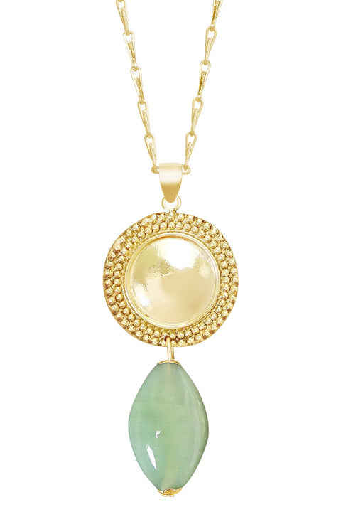 Green Murano Glass & Vintage Disc Pendant Necklace - GF