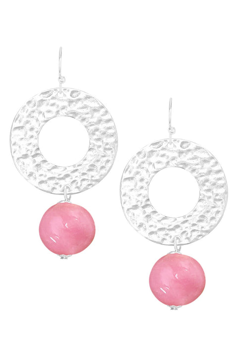 Pink Murano Glass & Hammered Circle Drop Earrings - SF