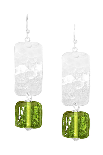 Peridot Murano Glass & Hammered Rectangle Drop Earrings - SF