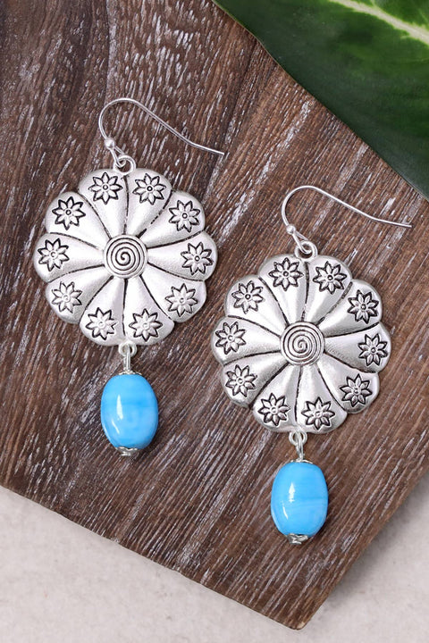 Blue Murano Glass & Hammered Floral Disc Drop Earrings - SF