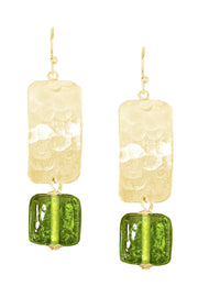 Peridot Murano Glass & Hammered Rectangle Drop Earrings - GF