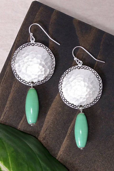 Green Murano Glass & Hammered Coin Drop Earrings - SF