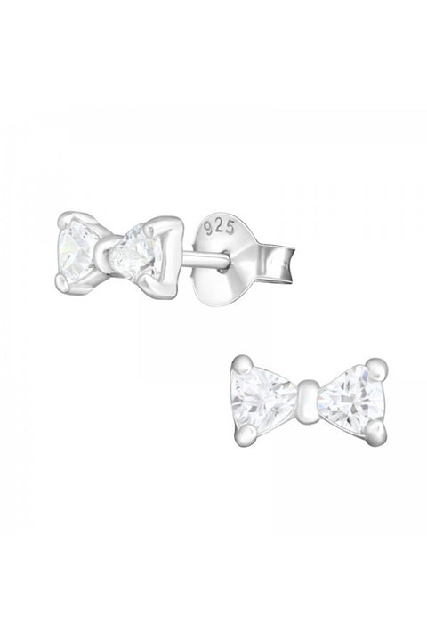 Sterling Silver Bow Tie Ear Studs With Cubic Zirconia - SS