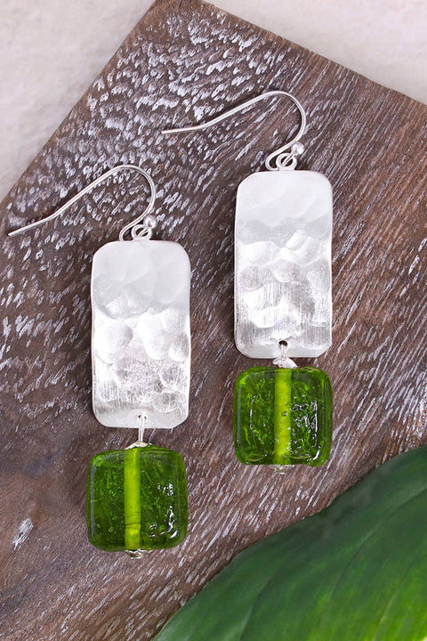 Peridot Murano Glass & Hammered Rectangle Drop Earrings - SF