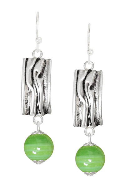 Green Murano Glass & Textured Rectangle Drop Earrings - SF