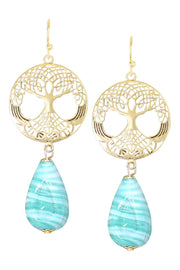 Green Murano Glass & Tree Of Life Drop Earrings - GF