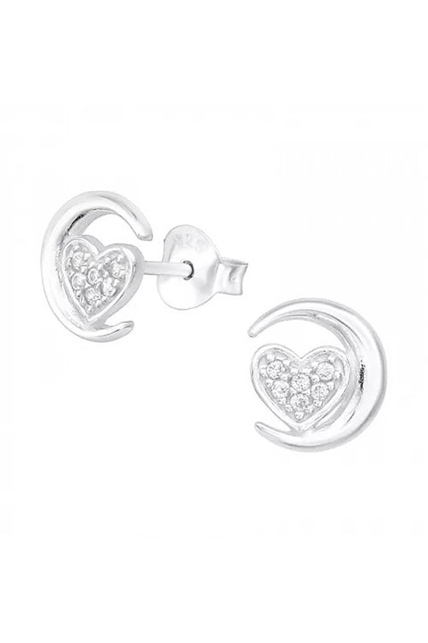 Sterling Silver Moon and Heart Ear Studs With CZ - SS