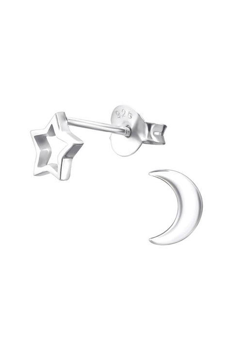 Sterling Silver Moon and Star Ear Studs - SS