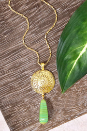 Green Murano Glass & Floral Hammered Disc Necklace - GF